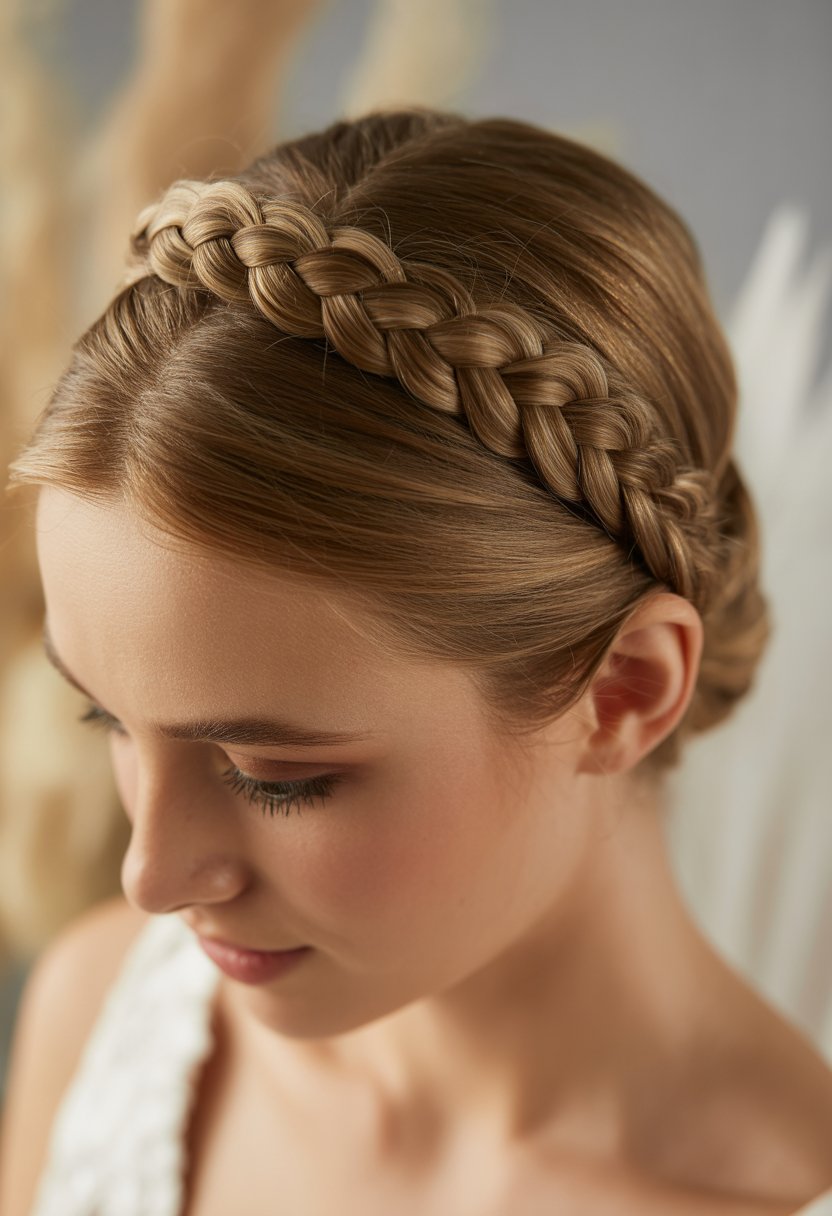 Close-up of a woman with a braided crown headband hairstyle, smiling softly against a blurred background.