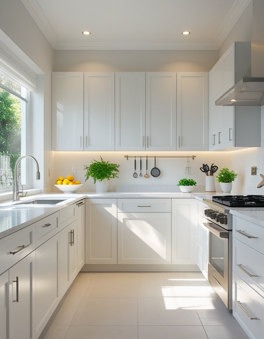 A bright kitchen with freshly refurbished white cabinets, marble countertops, and natural sunlight coming through a window.