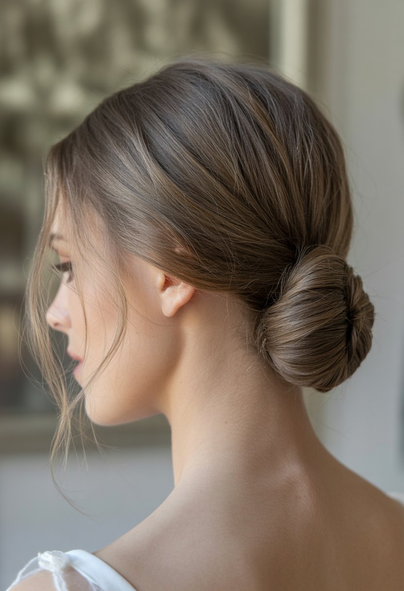 Close-up of a woman with thin hair styled in a low bun at the back of her head.