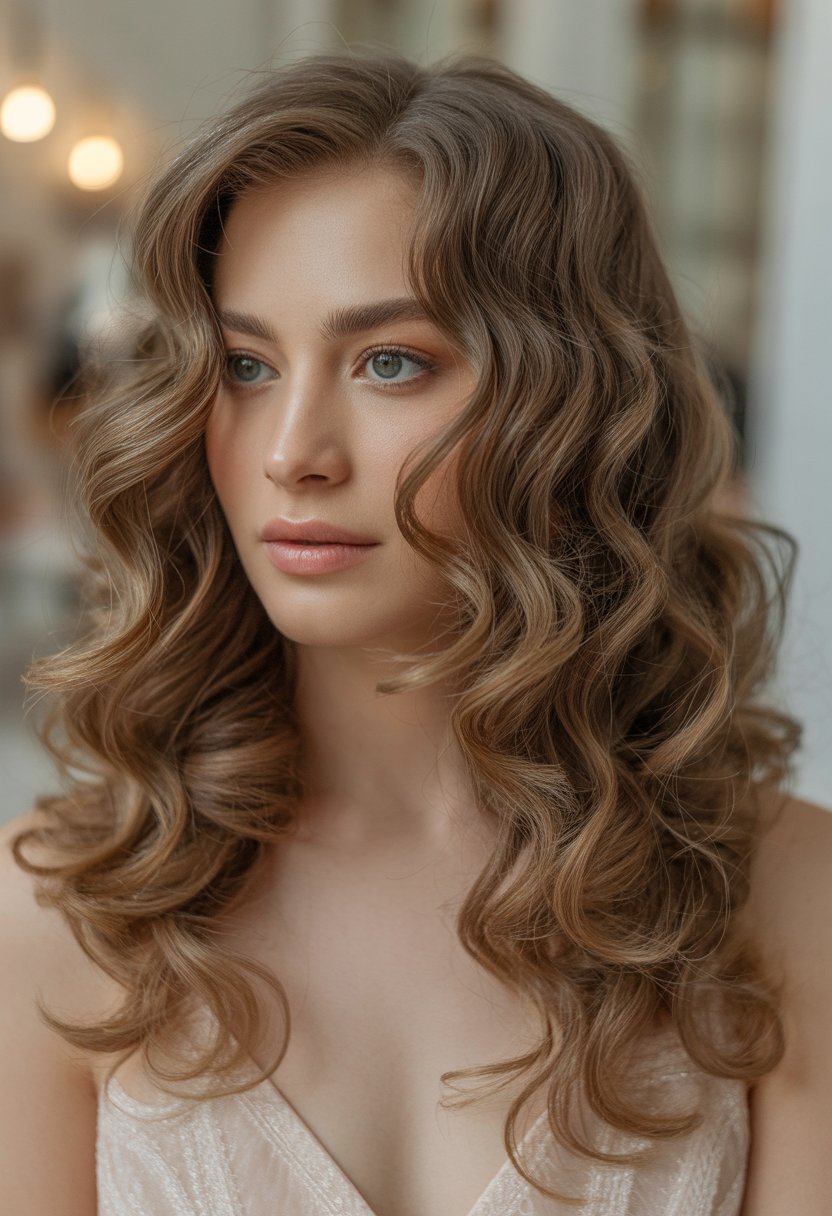 Close-up of a woman with loose, voluminous curls wearing a bridal outfit against a softly blurred background.