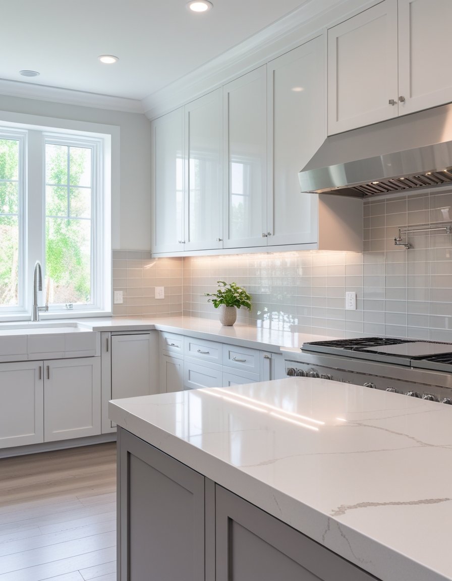 A modern kitchen with polished countertops, tiled backsplash, stainless steel appliances, and bright natural lighting.