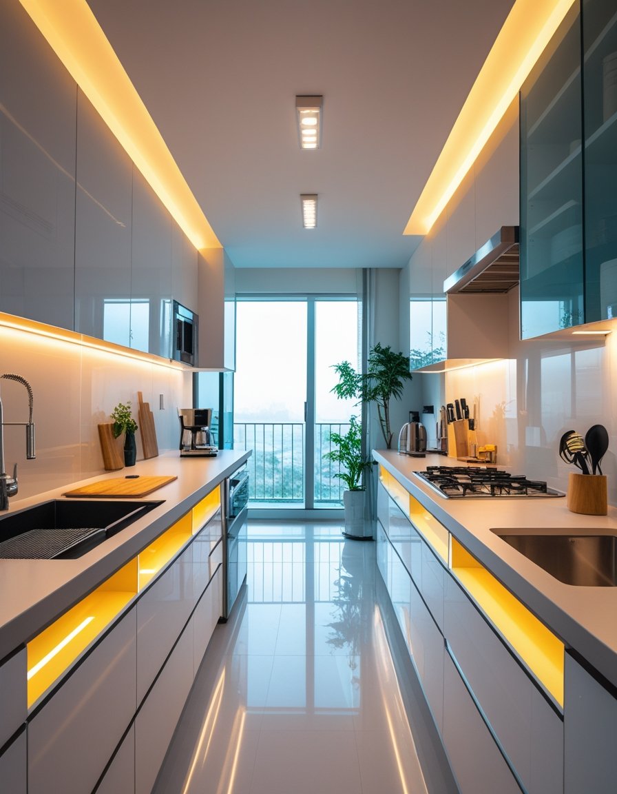 A bright, modern kitchen with illuminated countertops and stainless steel appliances.