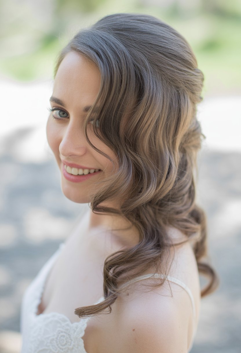 Bride with side-swept wavy hair wearing a white wedding dress, smiling outdoors.