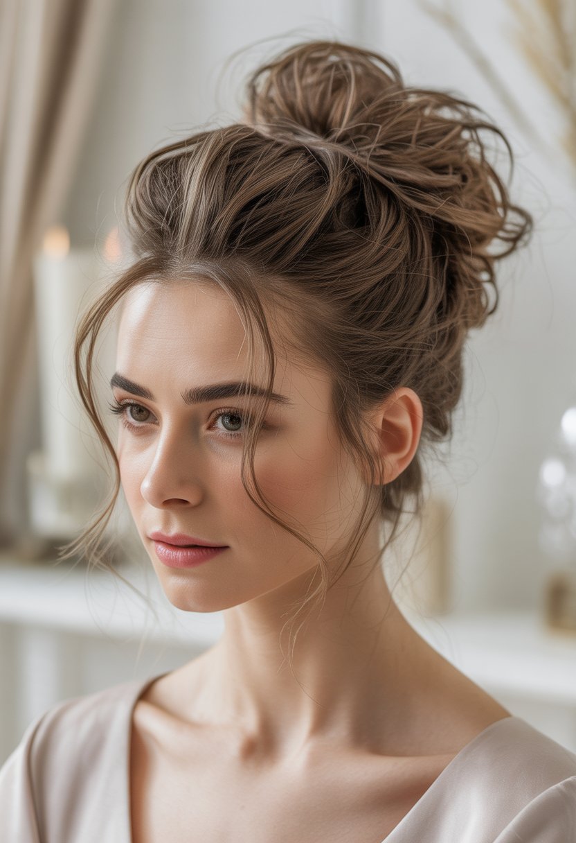 A woman with thin hair styled in a messy updo with loose strands around her face, looking calm against a neutral background.
