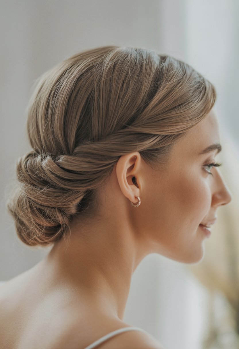Close-up of a woman with thin hair styled in a twisted half-up hairstyle, shown from the side and back.