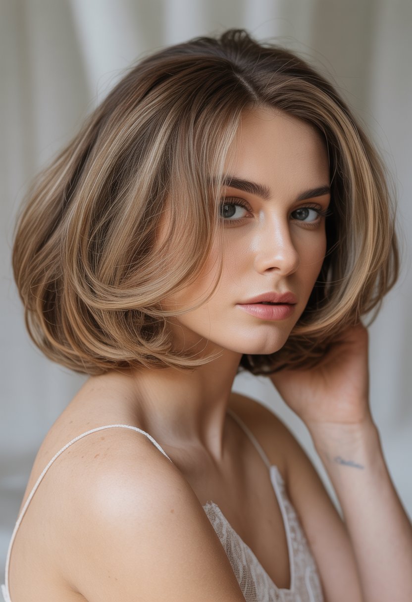 Portrait of a woman with a soft layered bob hairstyle, smiling gently in a bright studio setting.
