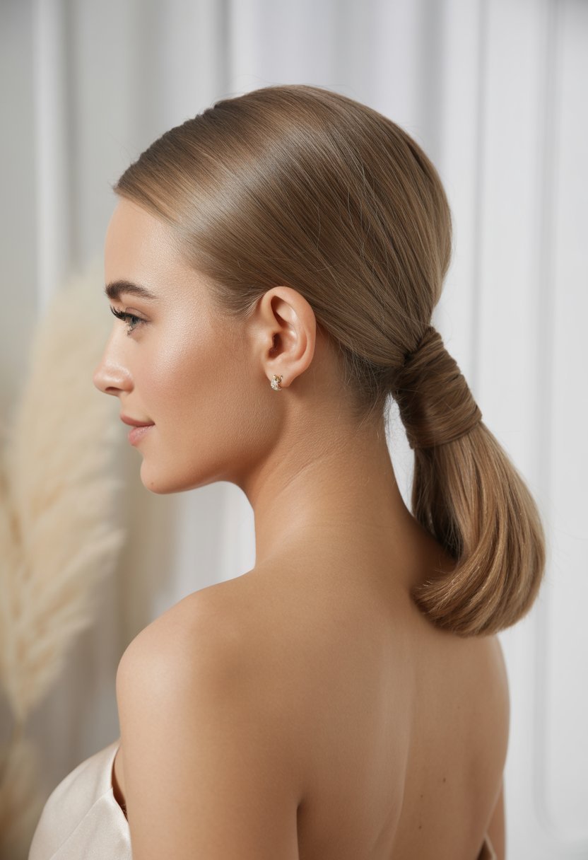 A woman with a sleek ponytail tied with a hair wrap, shown from the shoulders up against a soft blurred background.