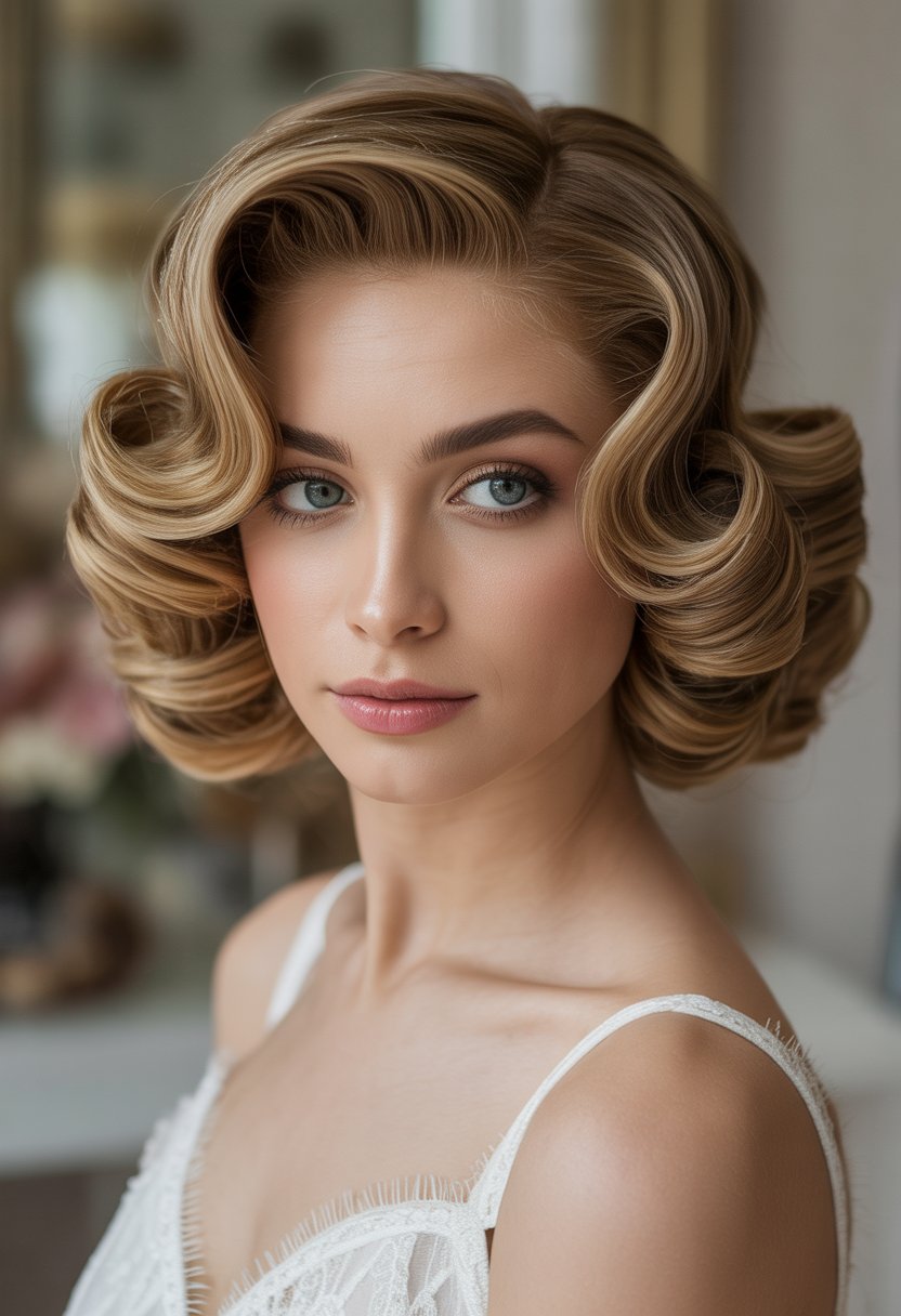 Close-up portrait of a bride with styled hair wearing a white wedding dress against a neutral background.