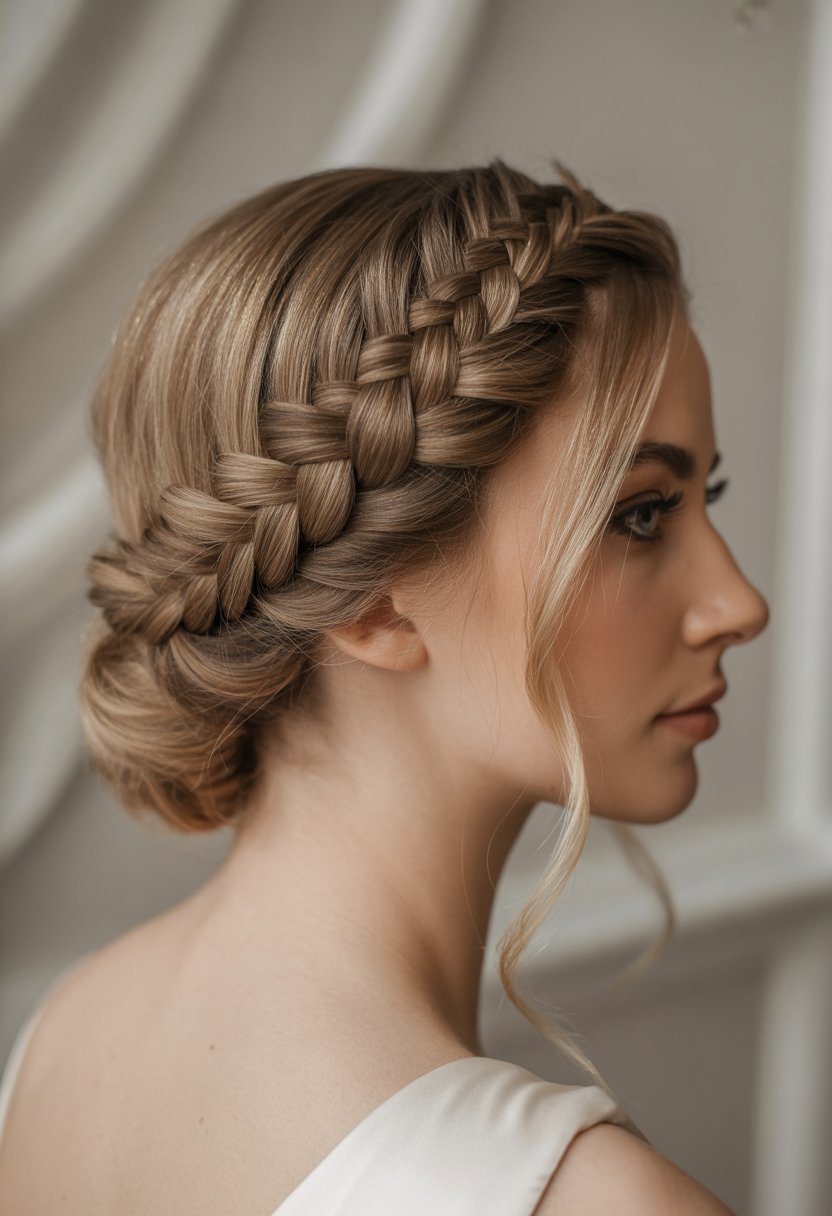 Woman with thin hair styled in a low fishtail braid wearing a white dress against a neutral background.