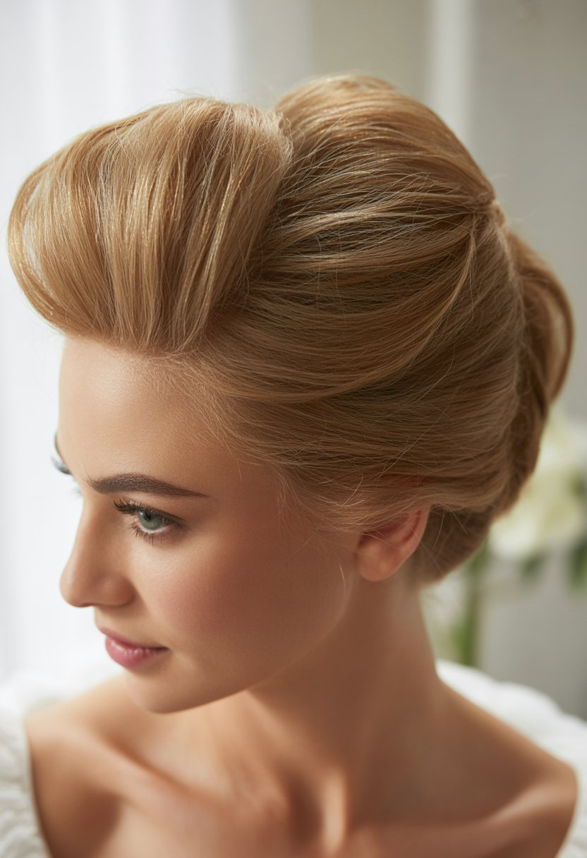 Close-up of a woman with a voluminous teased crown hairstyle, showing textured hair styled elegantly.