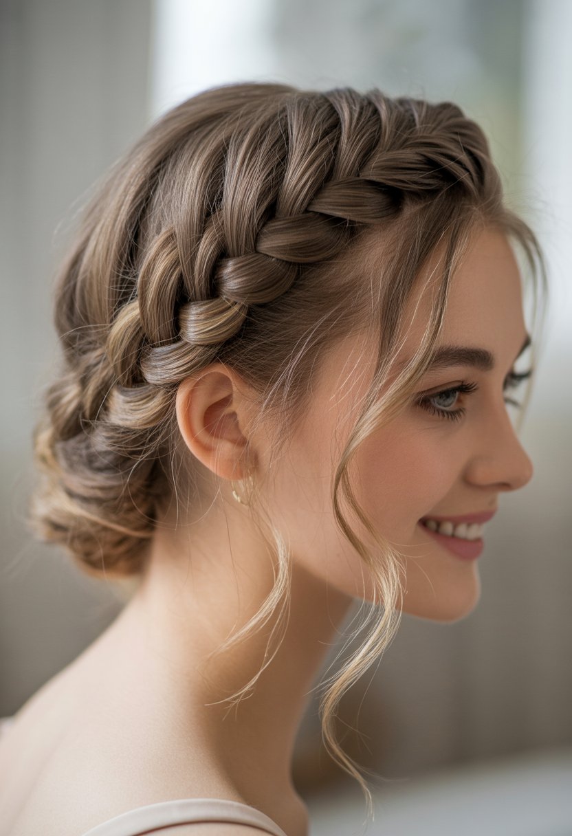 Young woman with thin hair styled in a half-up braided waterfall hairstyle, smiling softly with a blurred neutral background.