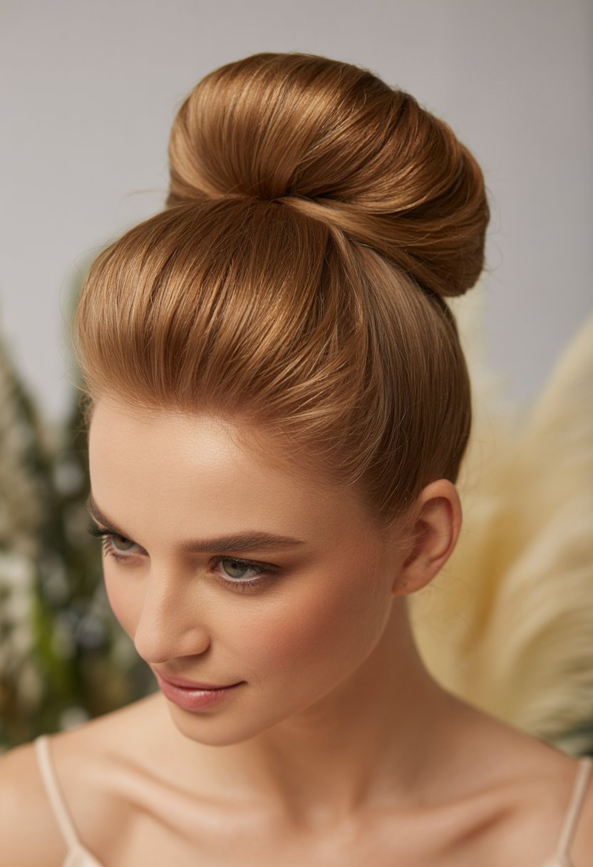 Close-up of a woman with a neat, voluminous top knot hairstyle on thin hair, looking serene against a softly blurred background.