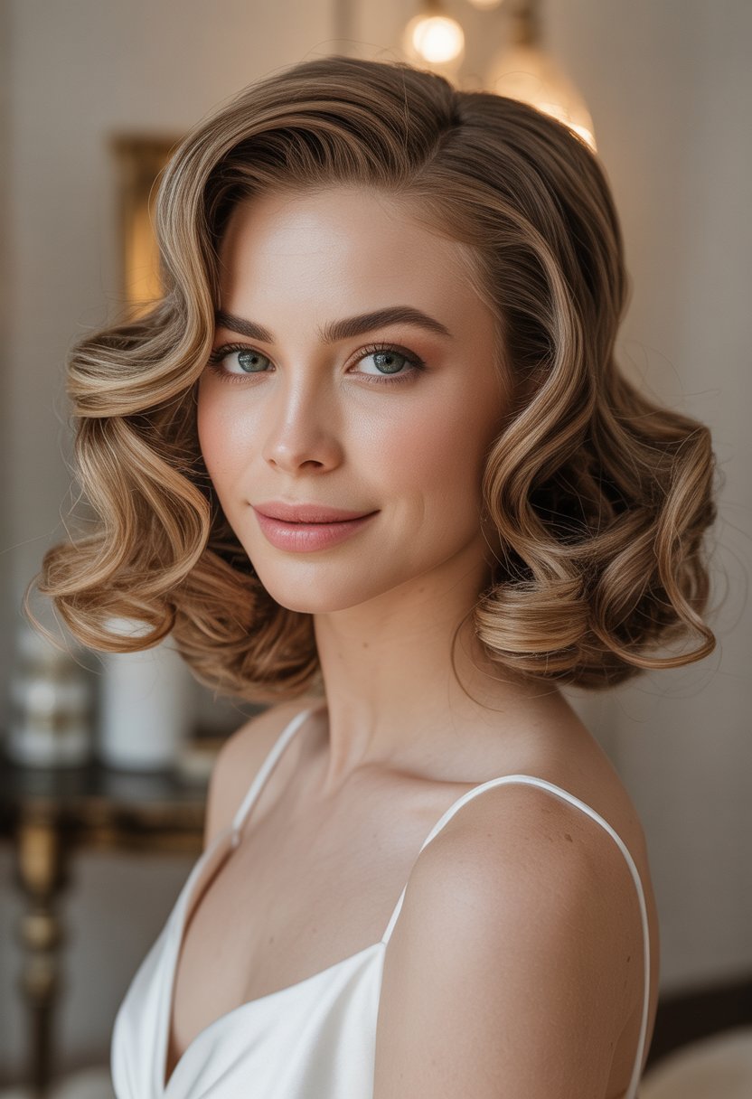 Close-up of a woman with curled hair smiling softly against a blurred background.