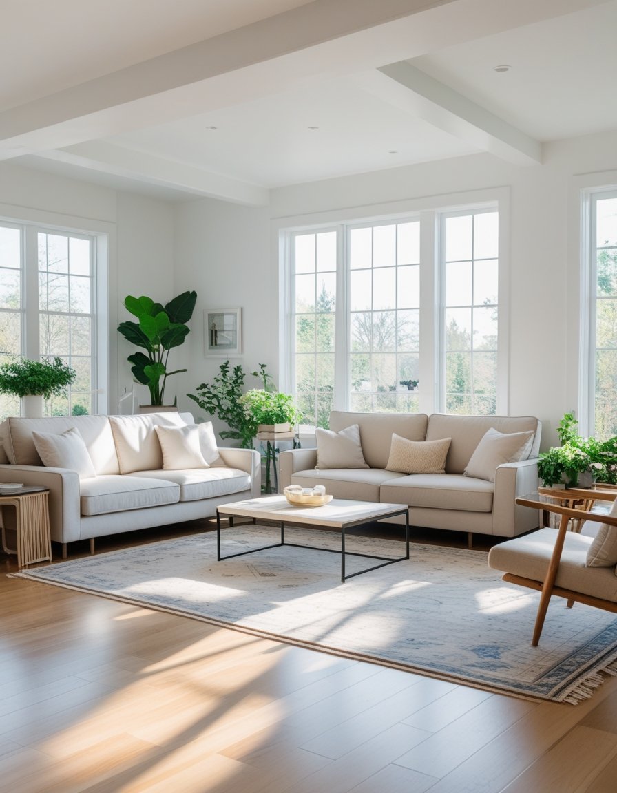 A bright living room with a large sofa, coffee table, plants, and sunlight coming through big windows, arranged to feel spacious and open.