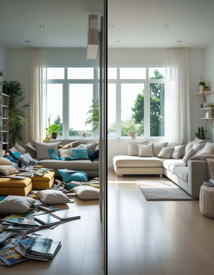 A living room split into two halves showing a cluttered and overcrowded side versus a clean and spacious side with natural light coming through windows.