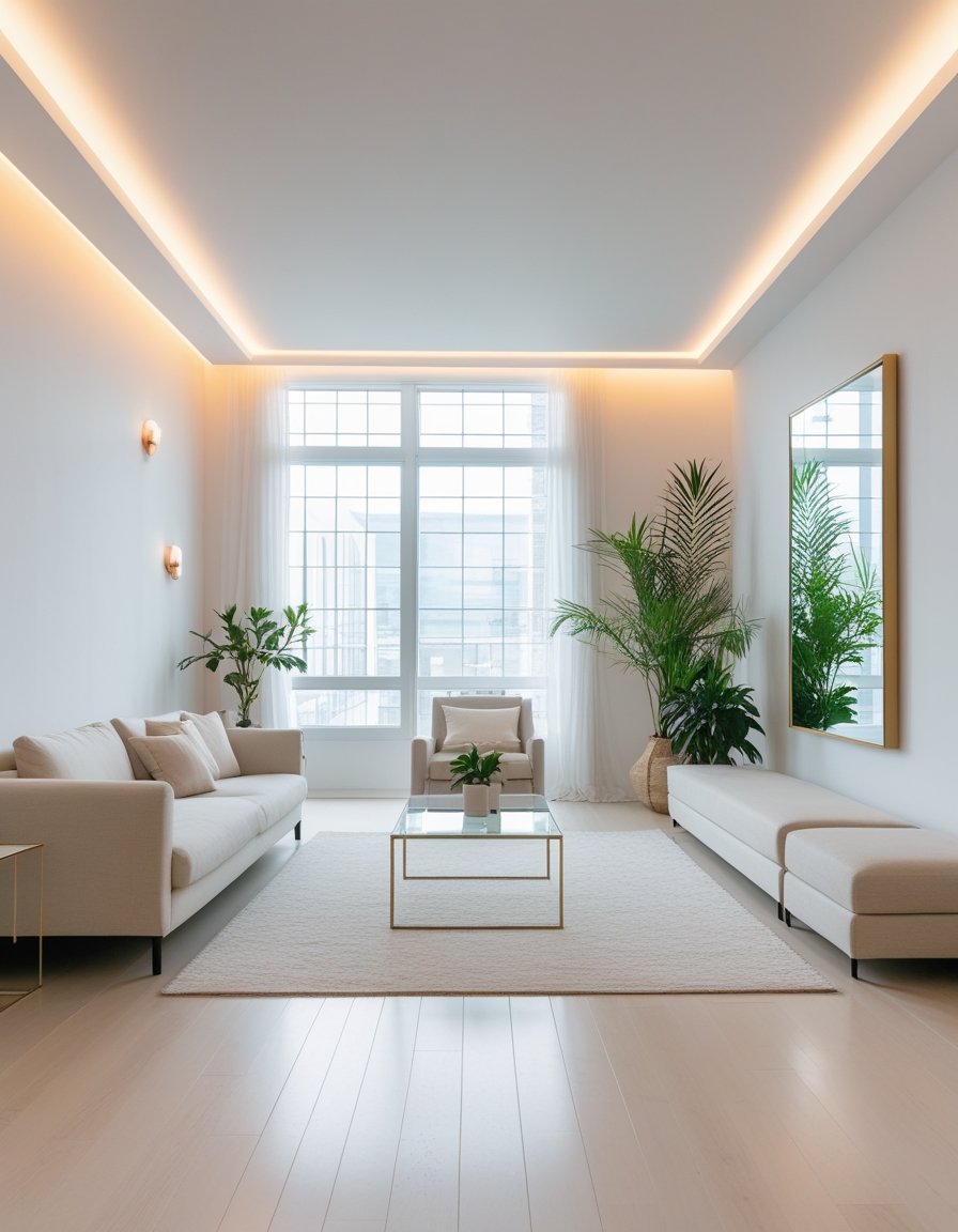 A bright and open living room with light walls, large windows, a sofa, coffee table, and plants creating a spacious atmosphere.