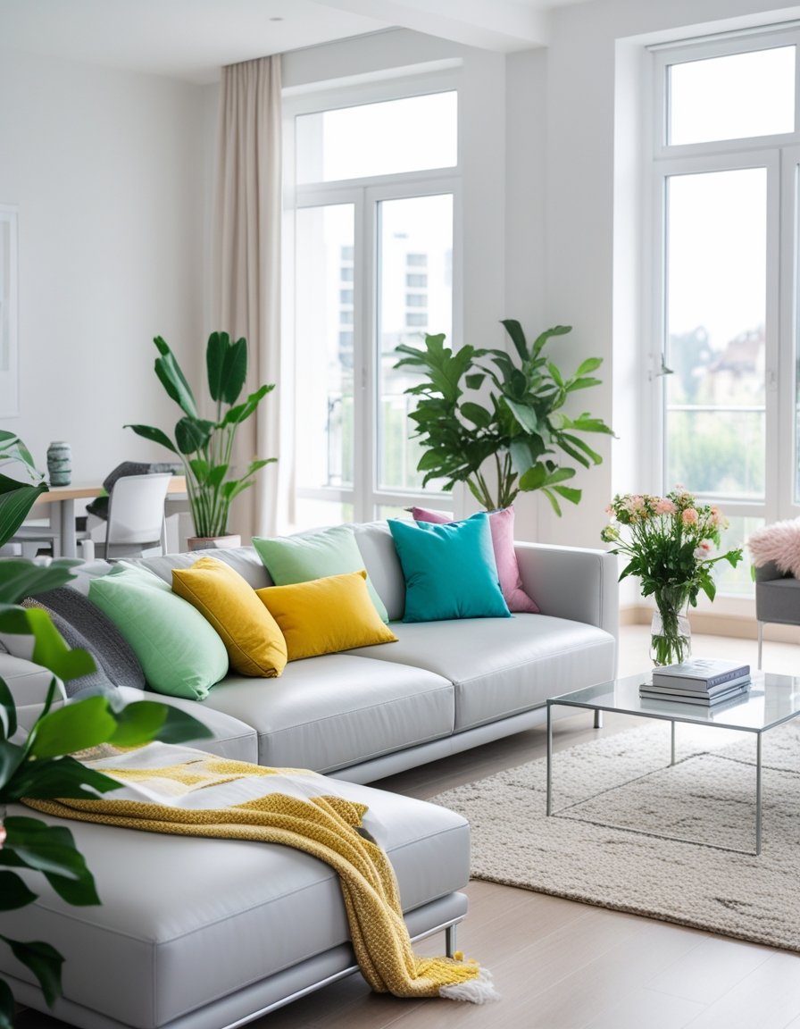 A bright living room with a sofa, plants, and fresh decor, filled with natural light.