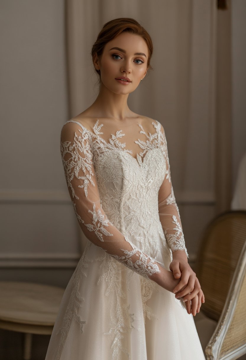 A bride wearing a long-sleeved wedding dress with floral lace embroidery standing in a studio.