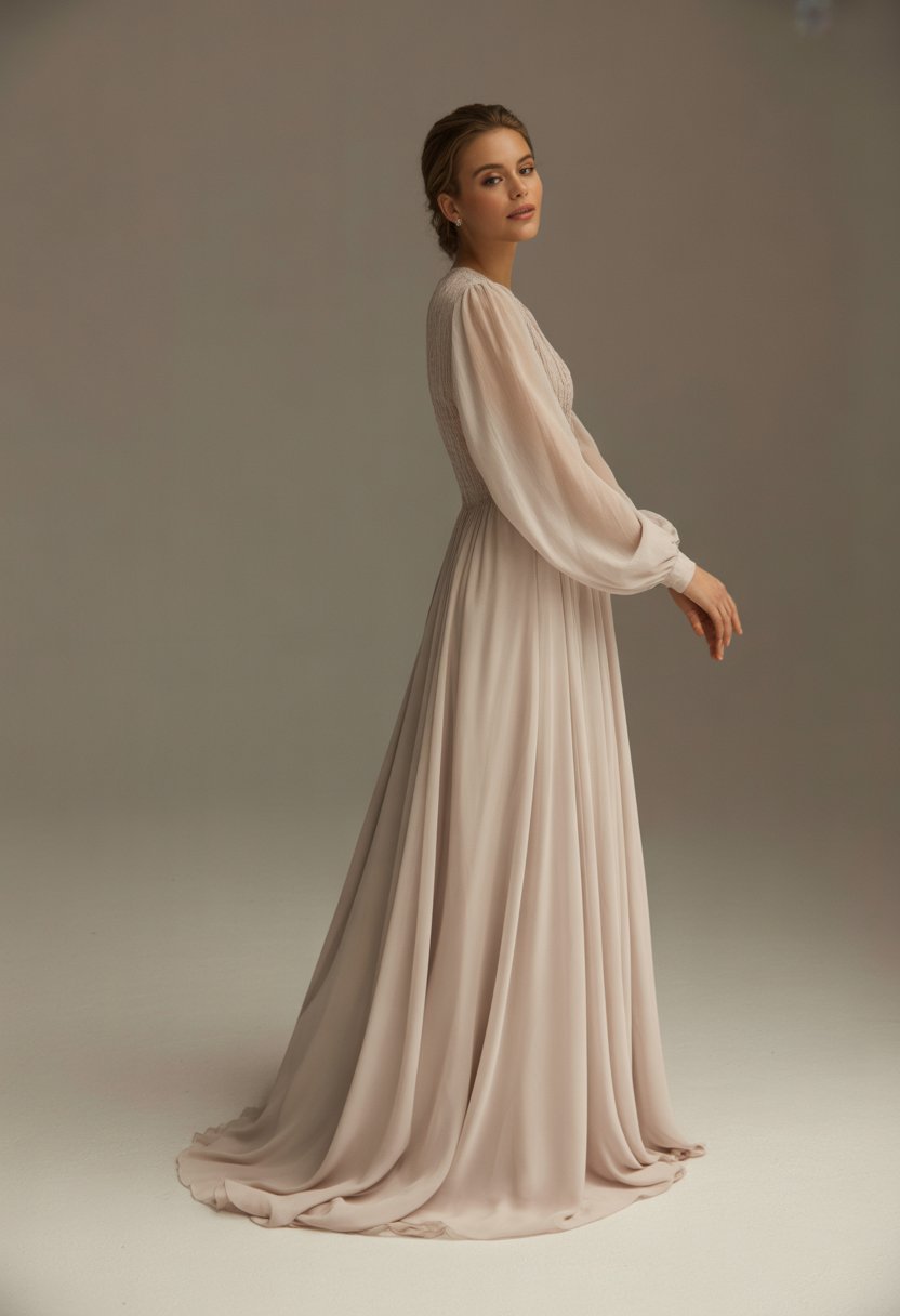 A woman standing in a long sleeve flowing gown in a softly lit studio.