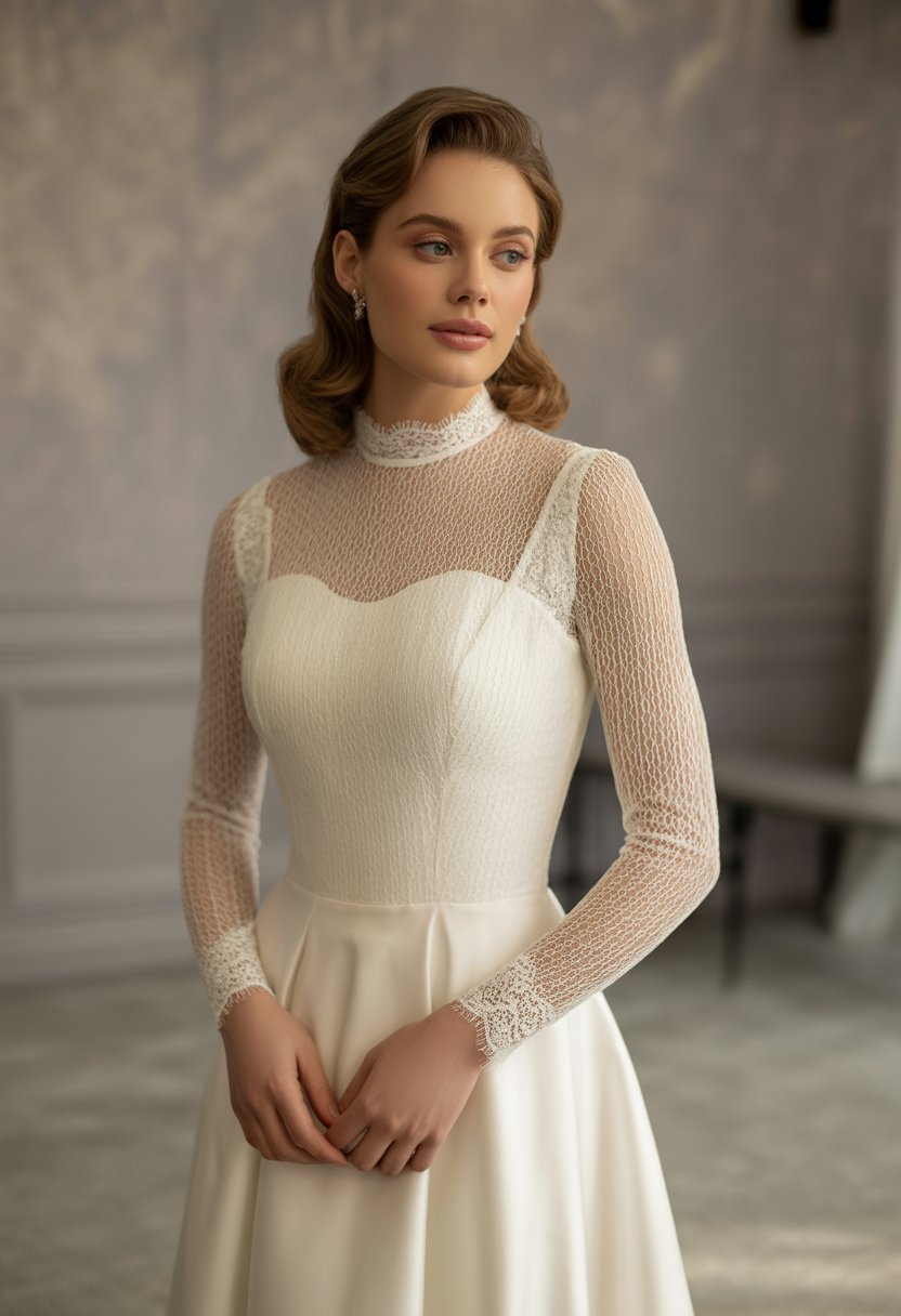 A woman wearing a long sleeve wedding dress with a high neckline, standing in a softly lit studio.