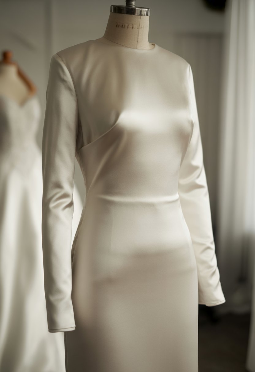A satin long sleeve wedding dress displayed on a mannequin in a bright studio.