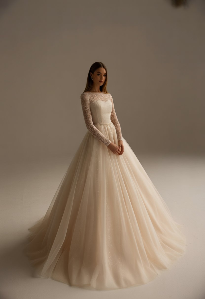 A woman standing in a white ball gown dress with long sleeves and a full skirt in a bright studio setting.