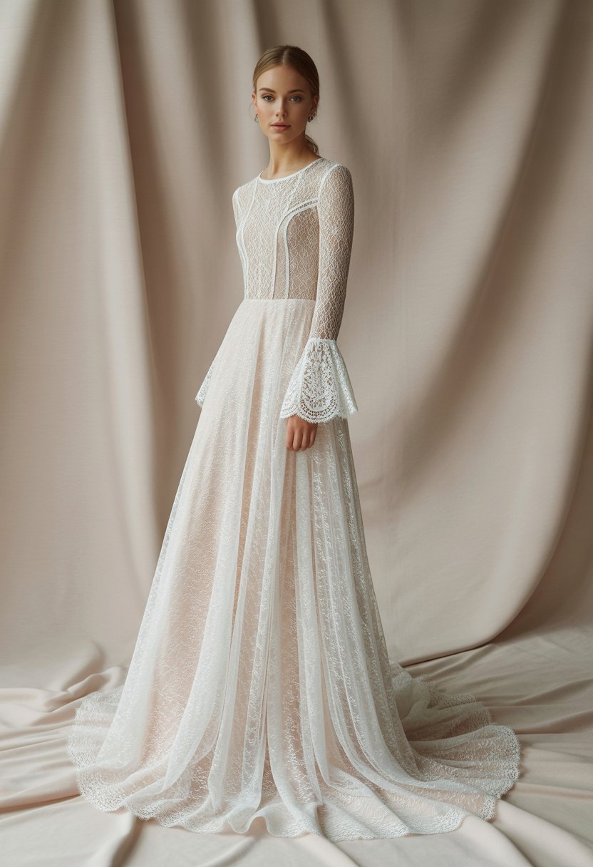 A woman wearing a long-sleeved lace wedding dress standing against a neutral background.