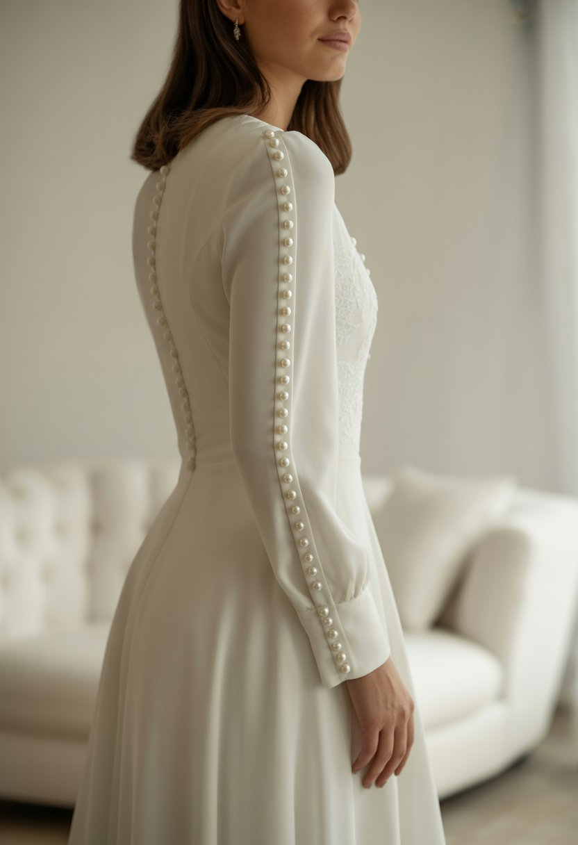 A model wearing a long sleeve wedding dress with pearl buttons stands in a bright studio with a plain background.