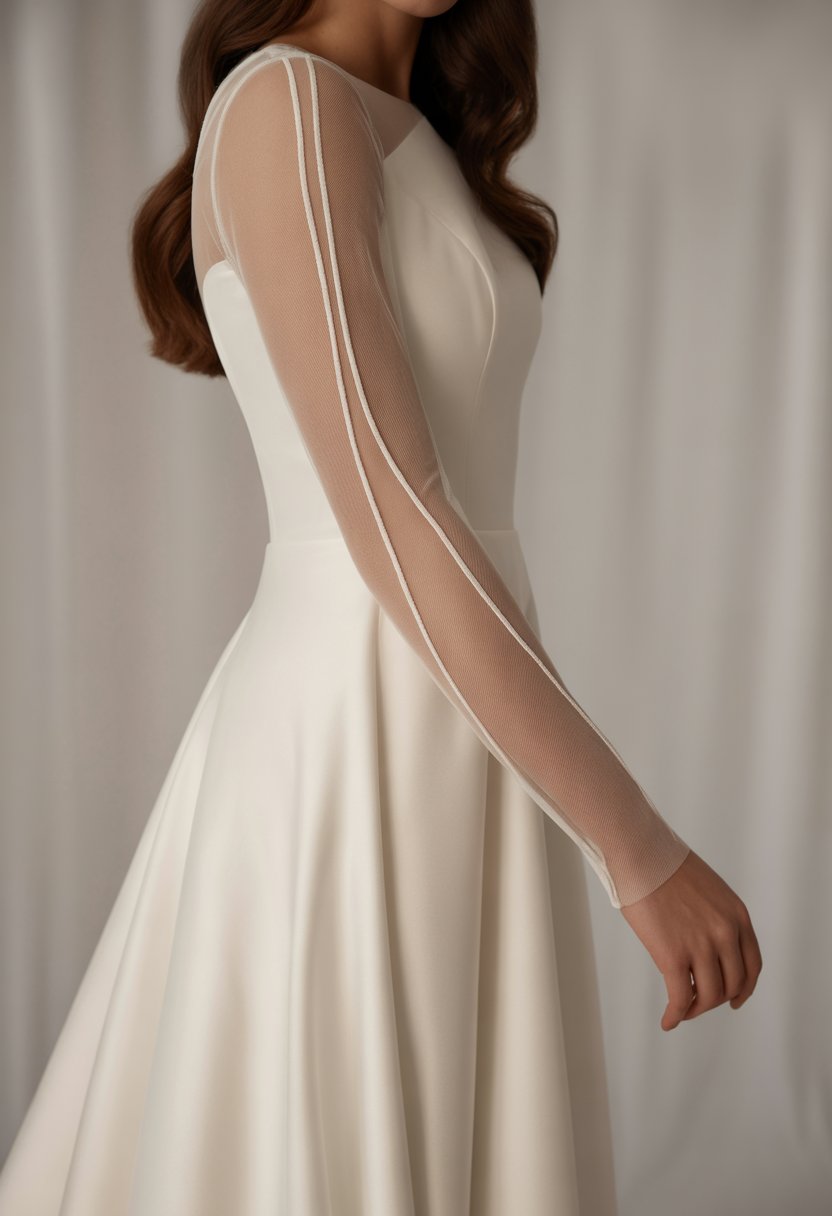 A wedding dress with long sleeves and sheer mesh panels displayed on a mannequin against a neutral background.