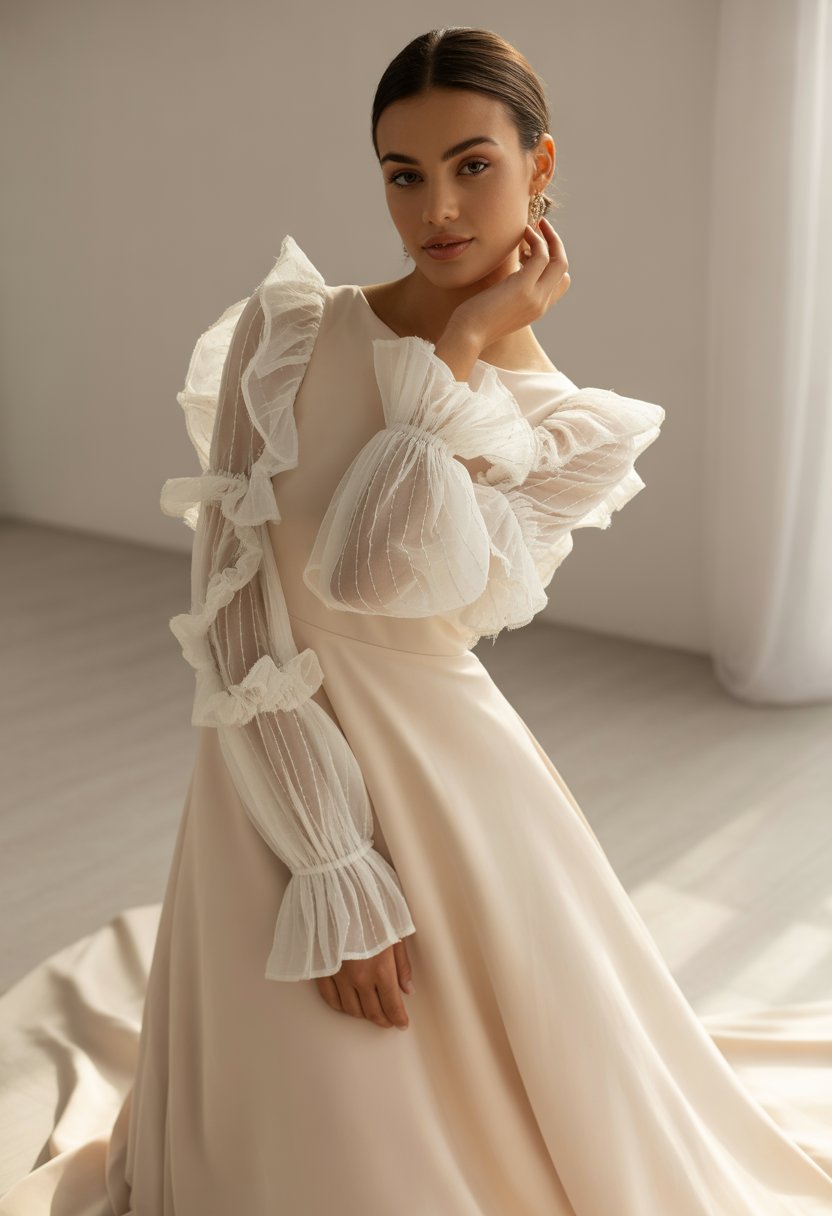 A woman wearing a long sleeve wedding dress with ruffled sleeves standing in a bright studio.