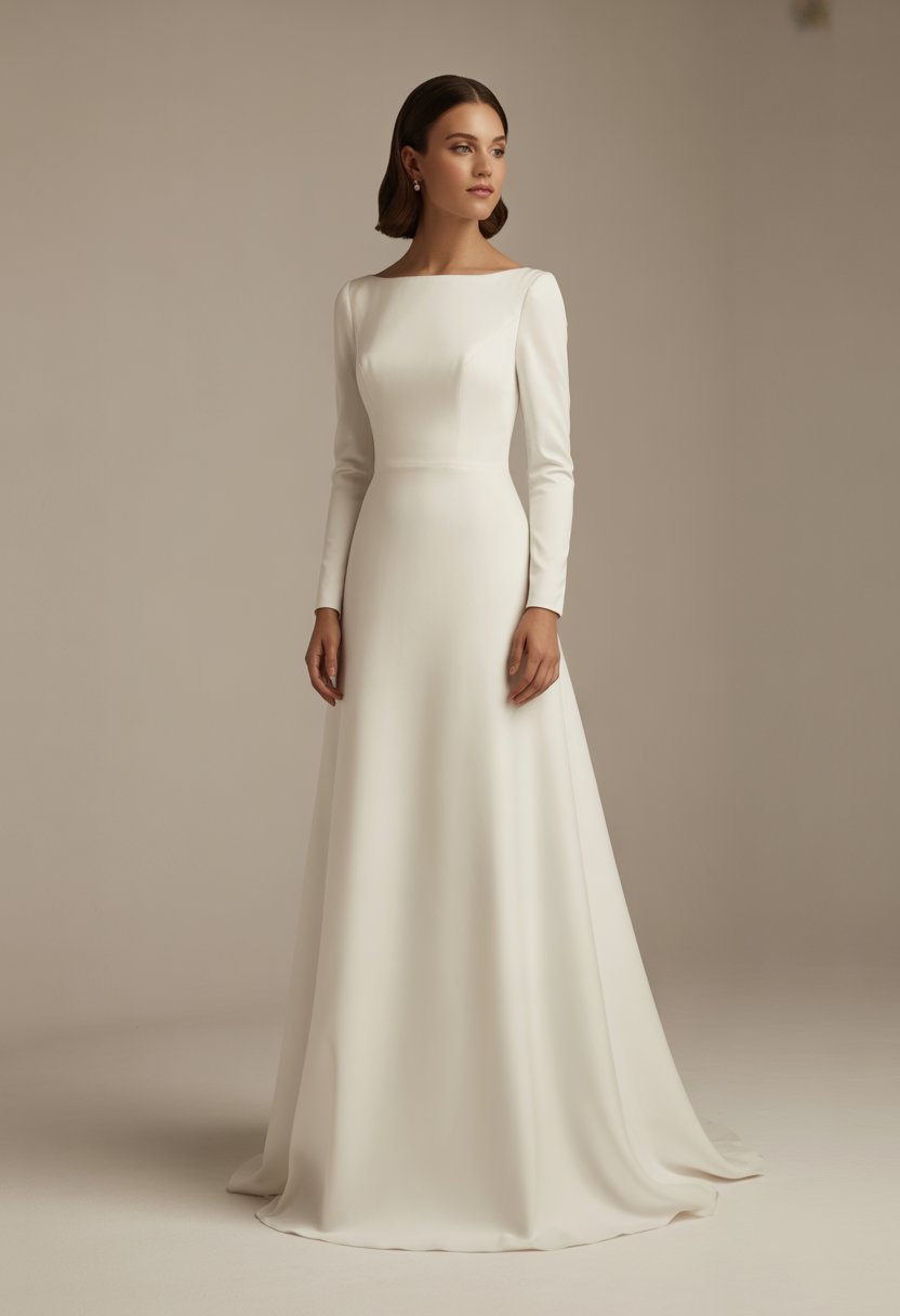 A long sleeve wedding dress with a wide neckline displayed on a mannequin against a plain background.
