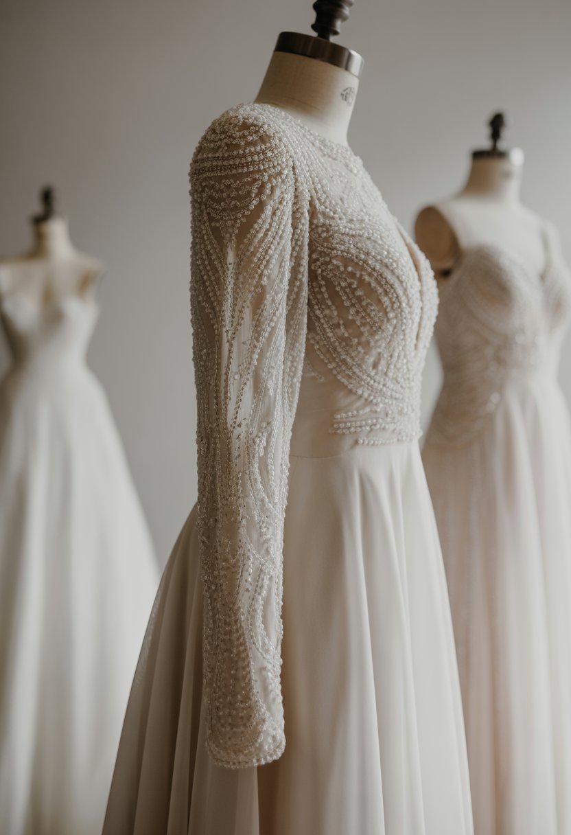 A long sleeve wedding dress with detailed beadwork displayed on a mannequin in a neutral studio setting.