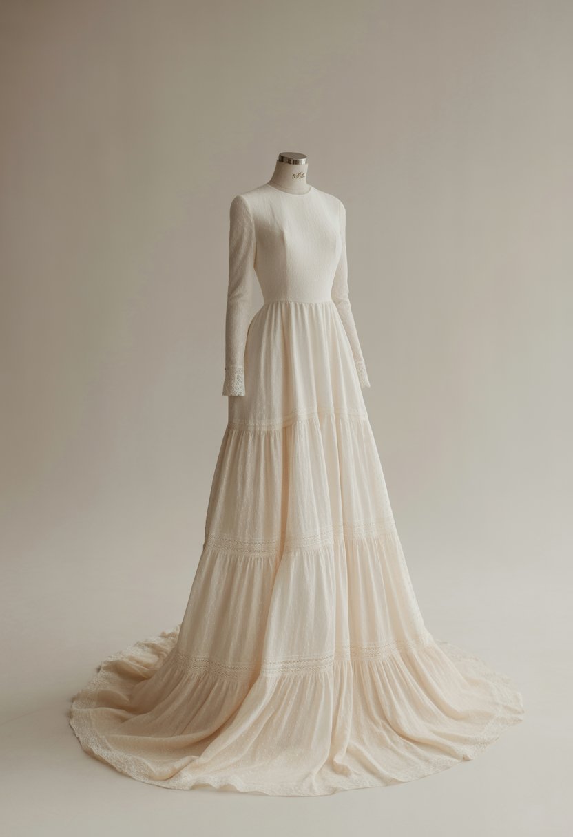 A long sleeve wedding dress with a tiered skirt displayed on a mannequin against a plain background.