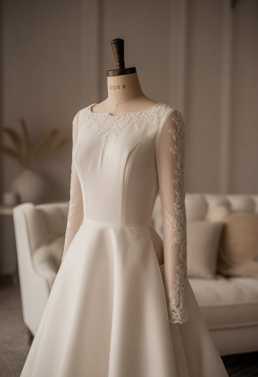 A long sleeve wedding dress with delicate decorative accents displayed on a mannequin against a plain background.