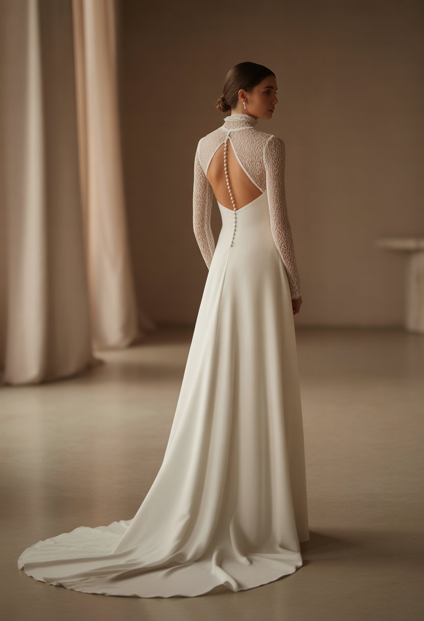 A bride wearing a long-sleeve wedding dress with a high neck and a keyhole back, standing indoors in soft natural light.
