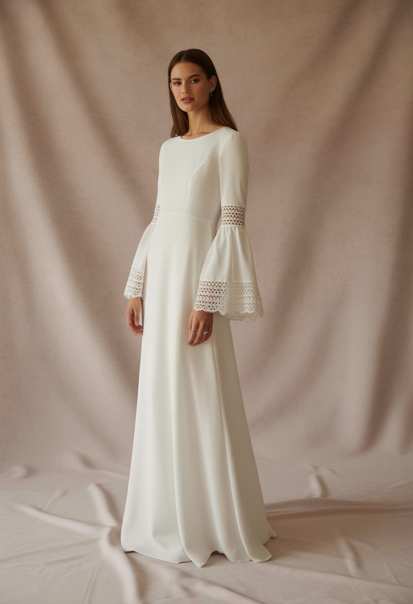 A woman wearing a long sleeve wedding dress with bell sleeves and lace trim, standing against a plain background.