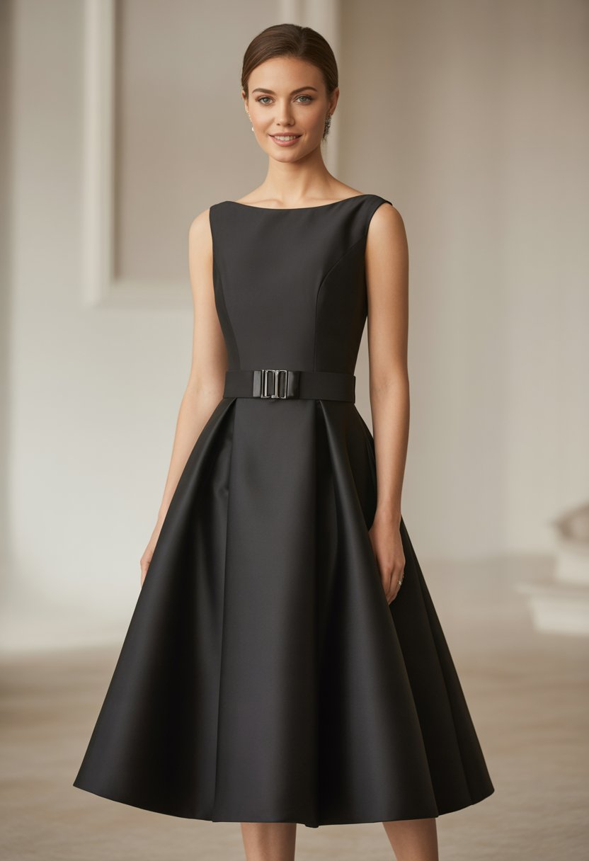 A woman stands wearing a mid-length black wedding dress with a belt, against a simple background.