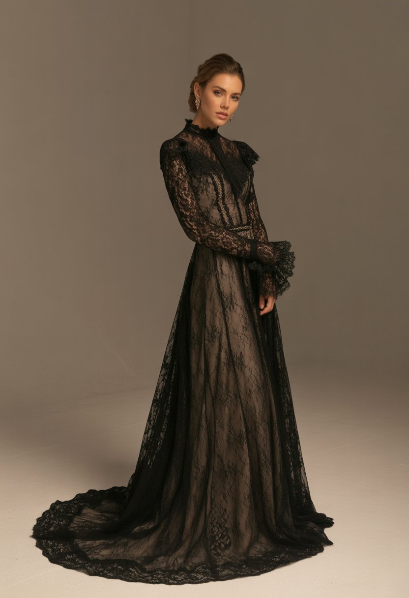 A woman wearing a long black lace gown standing in a studio with a neutral background.