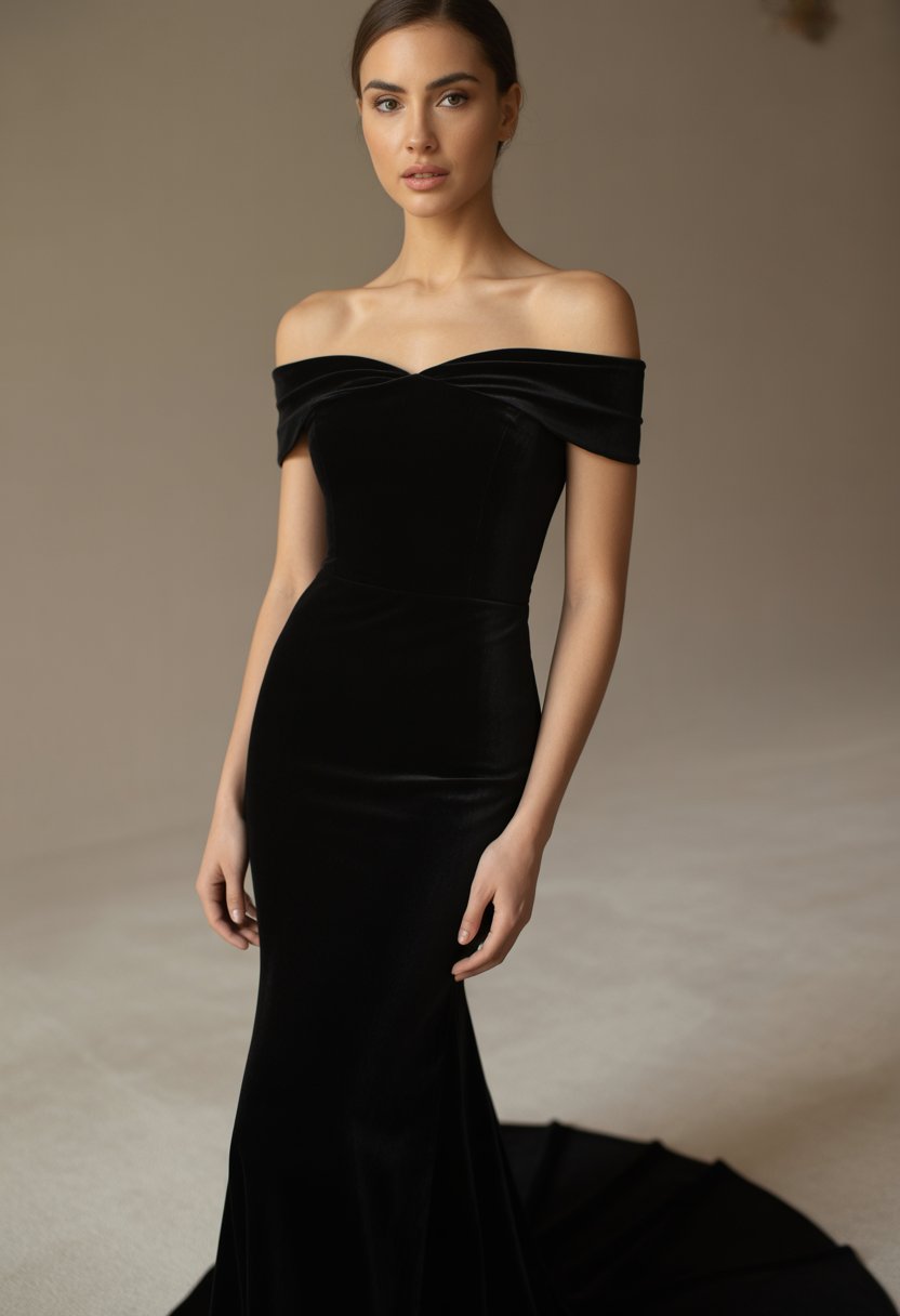 A woman standing in a black off-shoulder dress with a long train in a neutral studio setting.