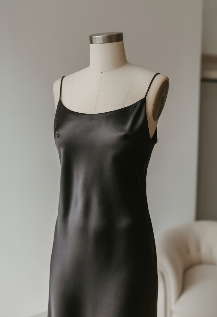 A black satin slip dress displayed on a mannequin against a plain background.