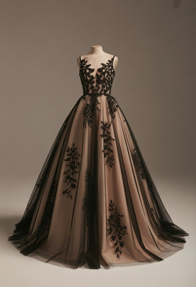 A black ball gown with floral embroidery displayed on a mannequin in a softly lit studio.
