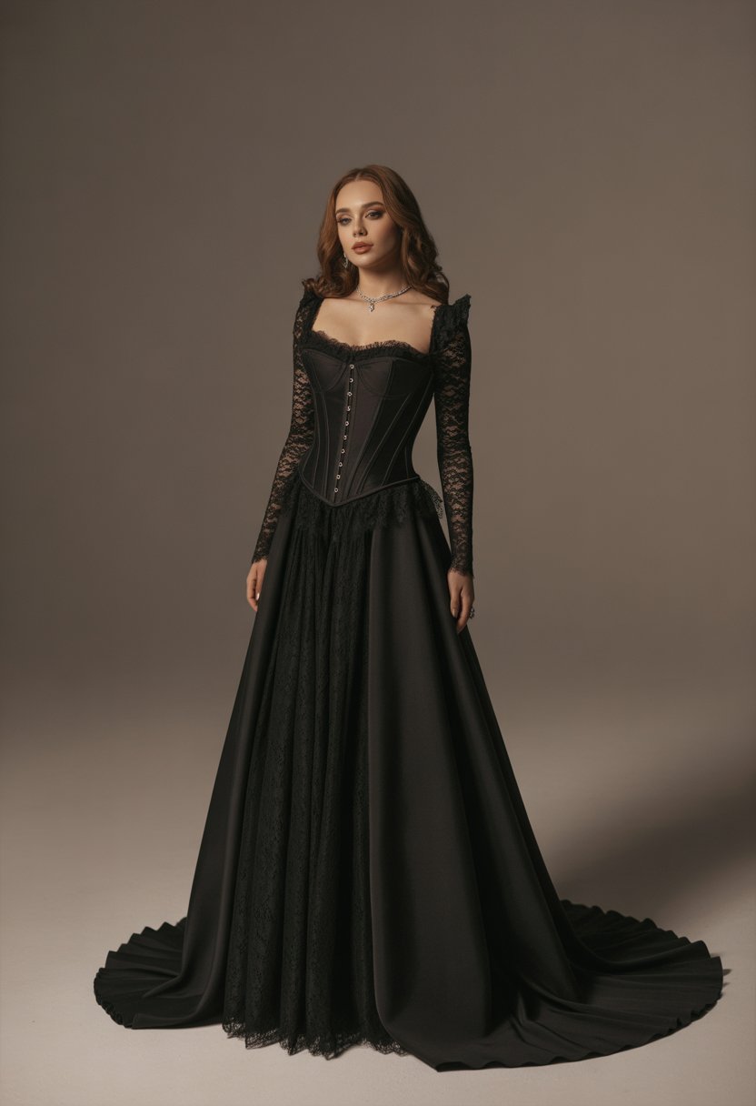 A woman wearing a black wedding dress with a corset bodice standing against a plain background.