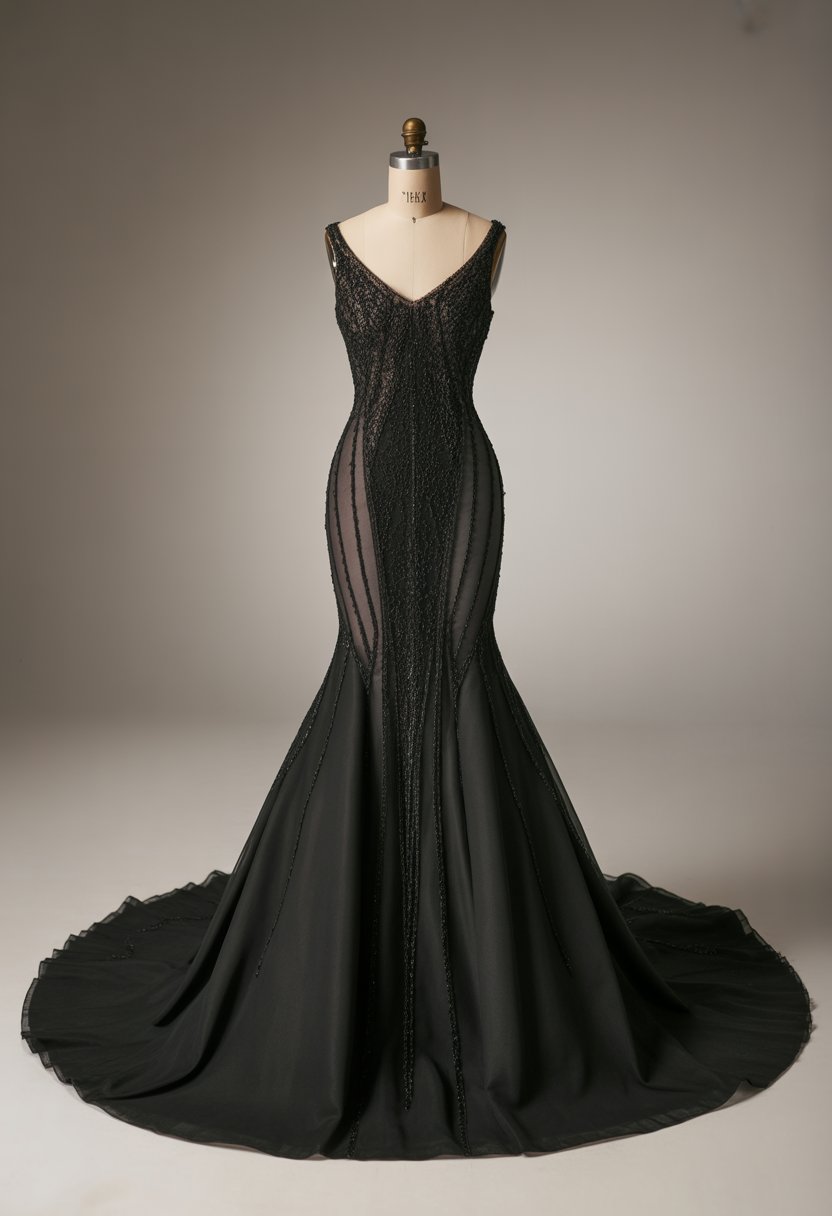 A black mermaid gown with sheer panels and beadwork displayed on a mannequin against a neutral background.