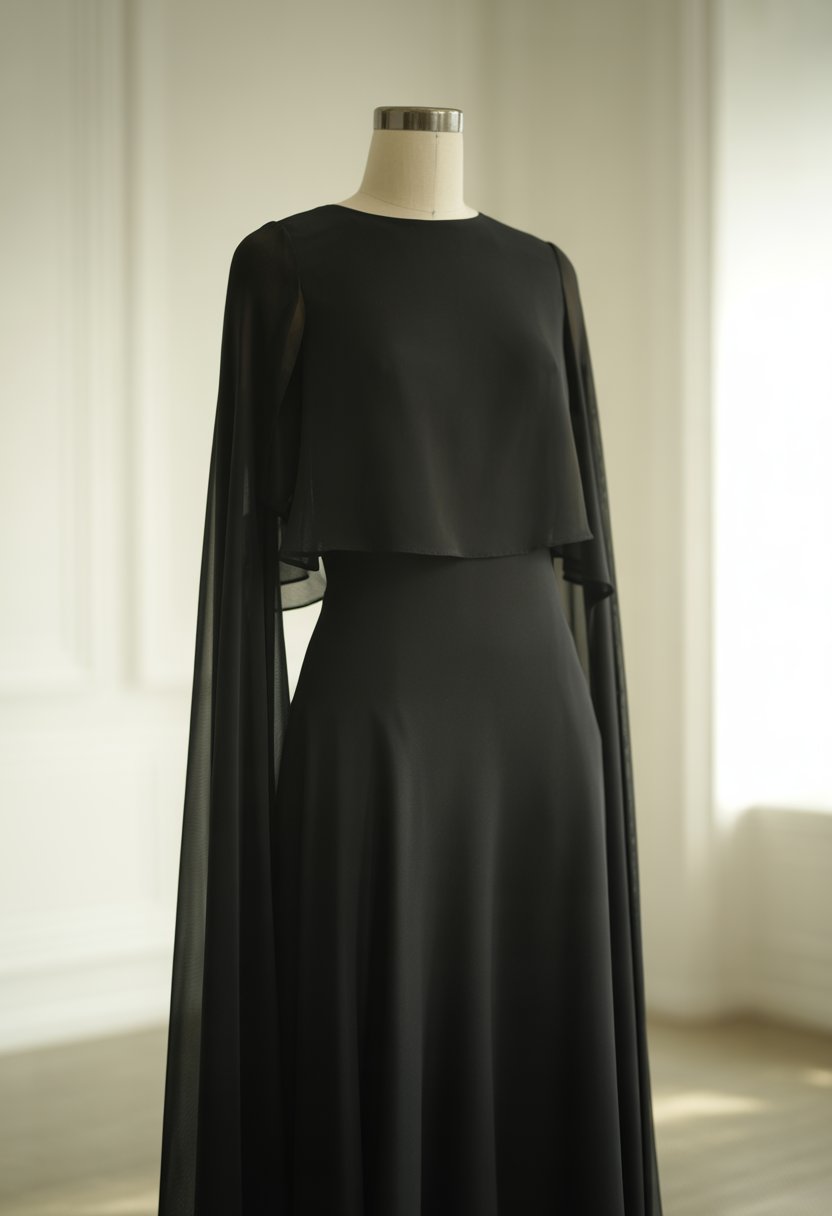 A black chiffon dress with cape sleeves displayed on a mannequin against a neutral background.