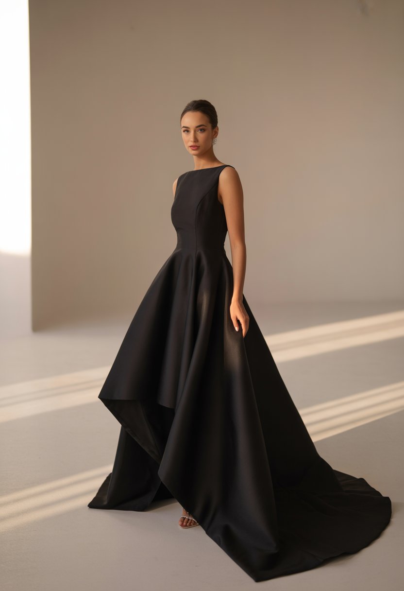A woman wearing a black wedding dress with an asymmetrical hemline standing in a bright studio.
