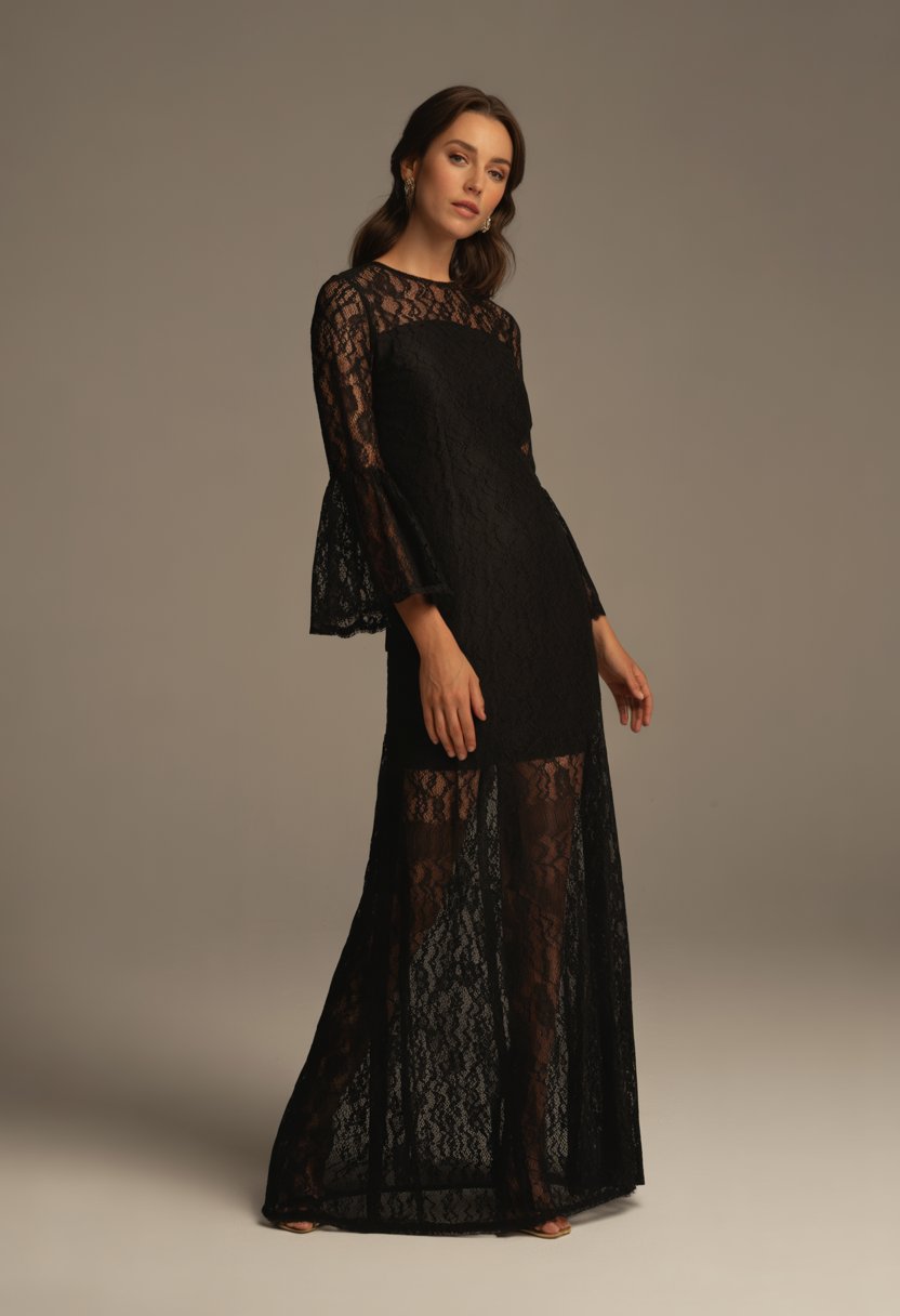 A woman standing indoors wearing a black lace dress with long bell sleeves.