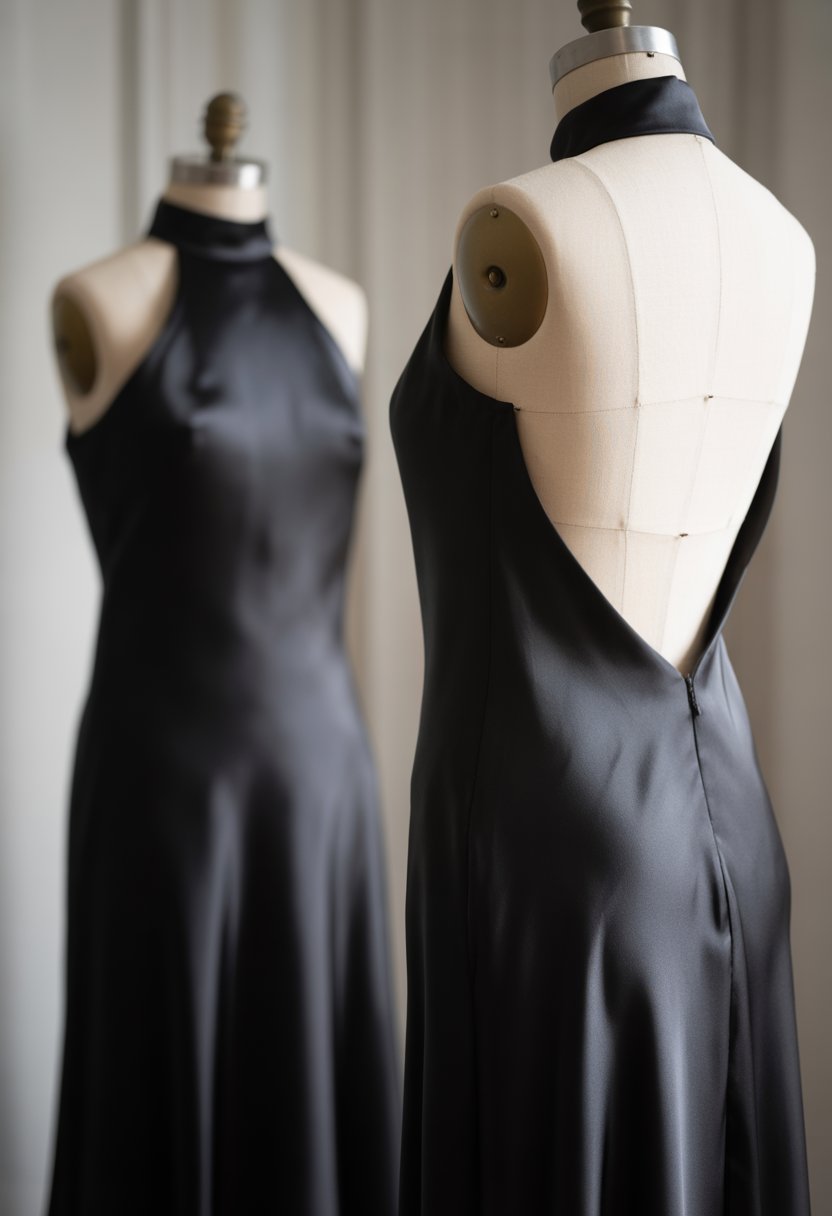 A black silk dress with a high neckline and open back displayed on a mannequin in a studio.