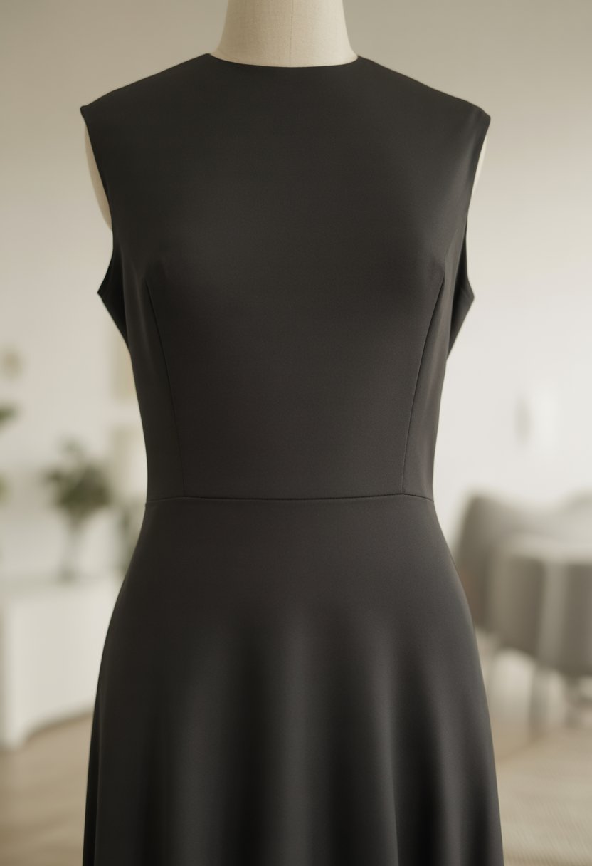 A black floor-length gown displayed on a mannequin in a bright studio with a neutral background.