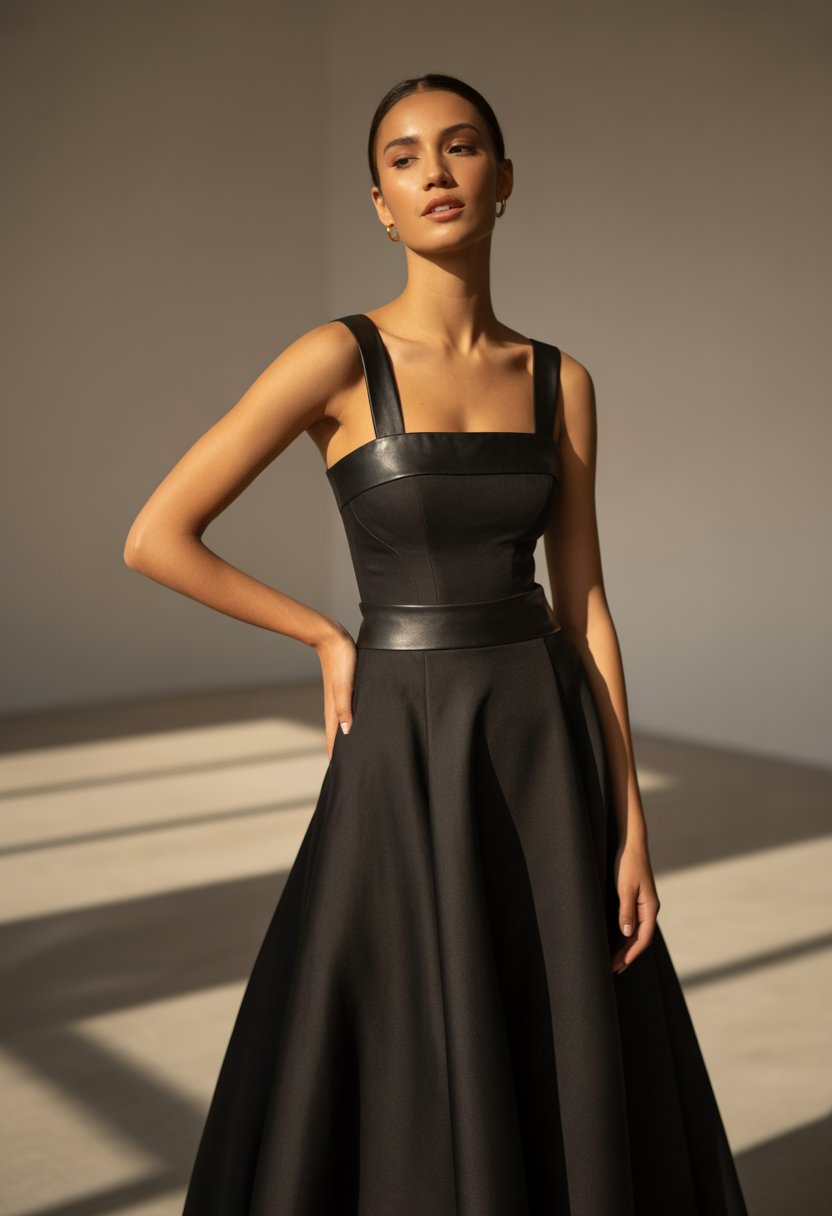 A woman standing in a studio wearing a black wedding dress with leather details.