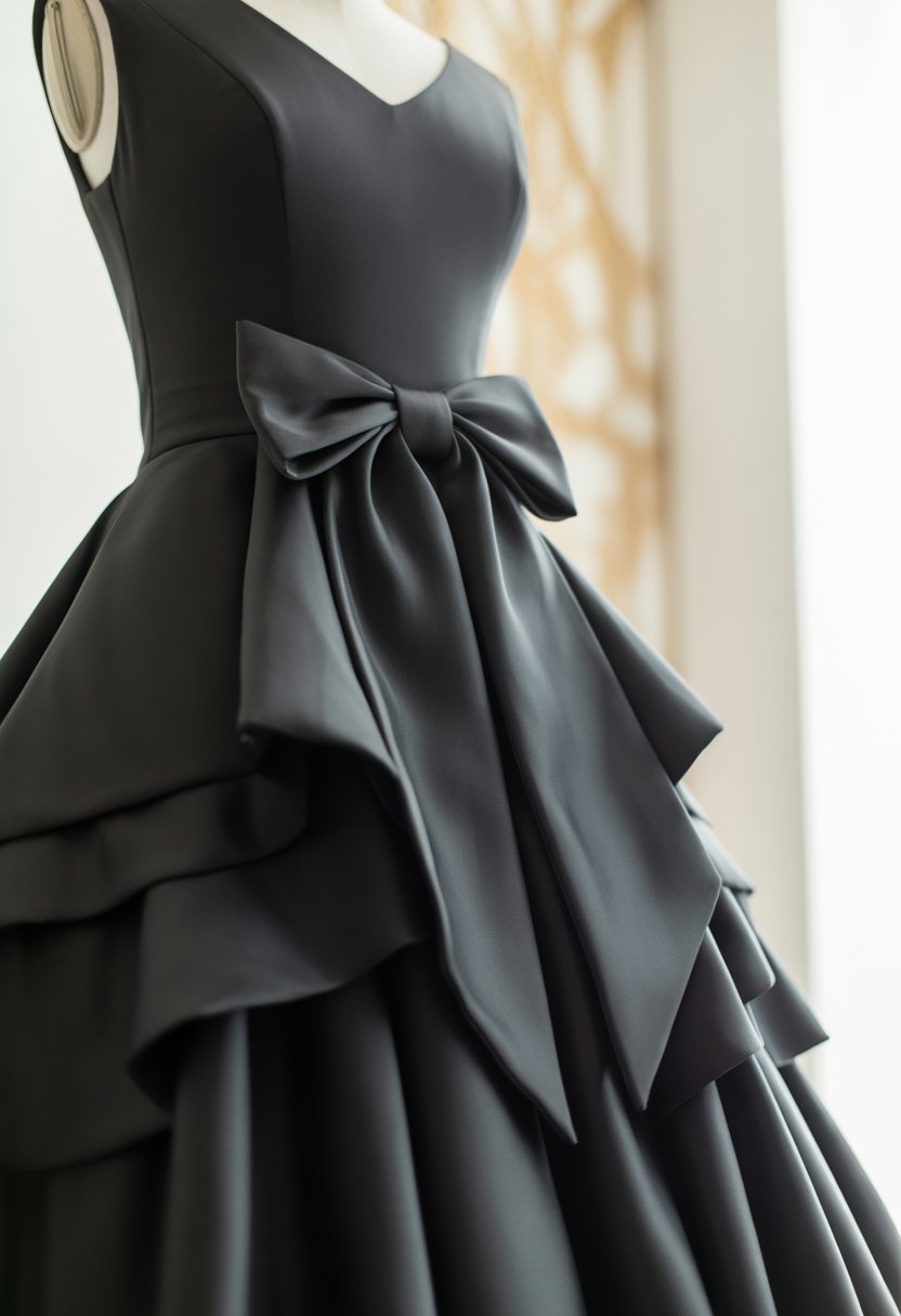 A black wedding dress with layered ruffles and an off-center bow displayed on a mannequin against a plain background.